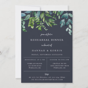 Anuncio Dinner de ensayo azul marino con follaje de bosque
