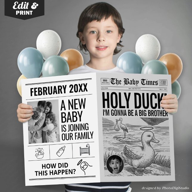 Anuncio Divertido de Bebé Periódico Sagrado Pato (Funny Baby Announcement Newspaper, Holy Duck Pregnancy Announcement Newspaper Card Brother Sister)