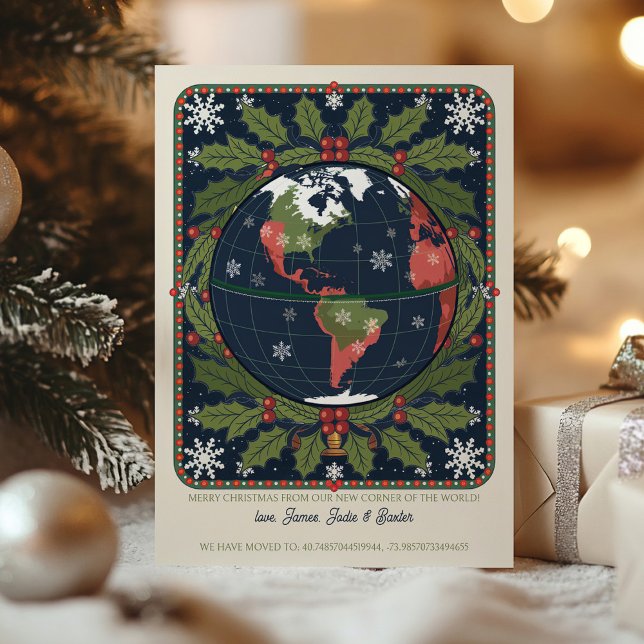 Anuncio Divertido Globe Latitude y desplazamiento de vacac (Latitude and Longitude new address coordinates - holiday moving announcement cards by Darling & May)