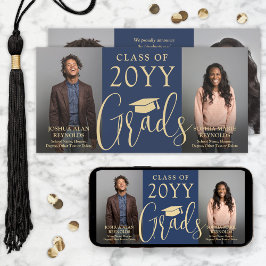 Anuncio Doble Graduación 2 Grads Navy Gold Joint Photo