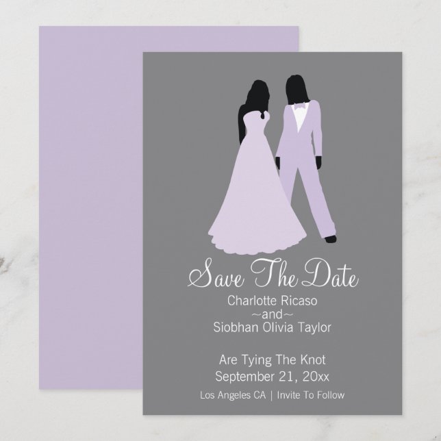 Anuncio Dos Novias Salvan La Fecha Boda (Lilac Y Gris) (Anverso / Reverso)