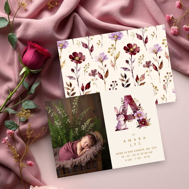 Anuncio Dreamy Bunny A Initial Gold Glitter Newborn (Dreamy Funny Bunny Romantic Floral A Initial in Burgundy & Gold Glitter Effect for Newborn Photo.)