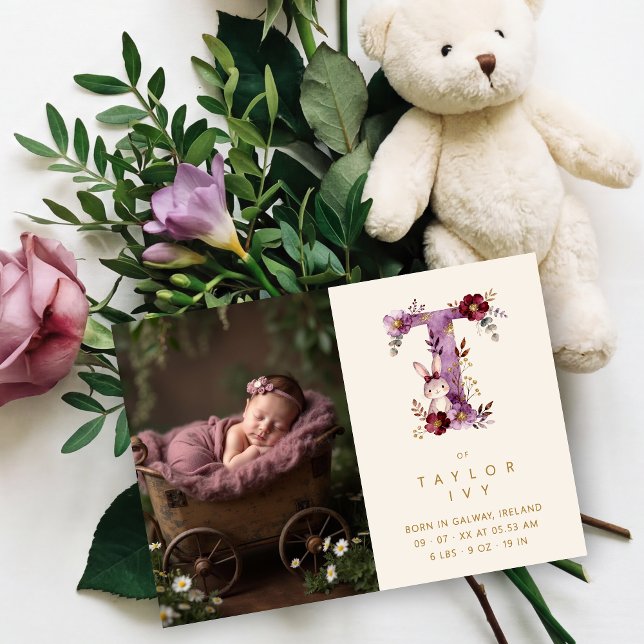 Anuncio Dreamy Bunny T Initial Gold Glitter Newborn (Dreamy Funny Bunny Romantic Floral T Initial in Burgundy & Gold Glitter Effect for Newborn Photo.)