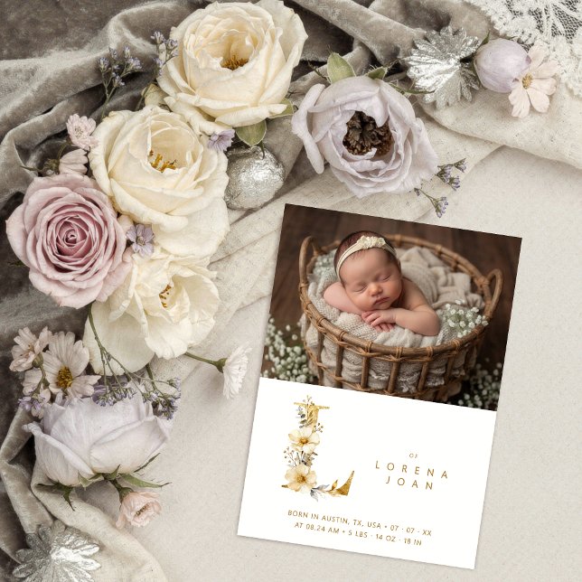 Anuncio Dreamy Floral E Initial Gold Glitter Newborn (Dreamy Romantic Floral L Initial in Gold Glitter Effect for Newborn Photo Announcement Card Design.)