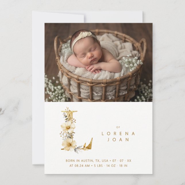 Anuncio Dreamy Floral E Initial Gold Glitter Newborn (Anverso)