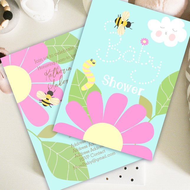 Anuncio Ducha de Bebé Abeja de Miel Azul (Cute and fun honey bee with flower, cloud and worm design.)