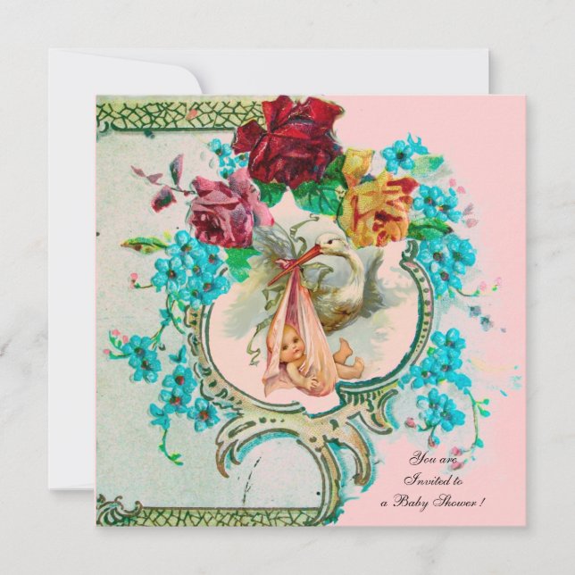 ANUNCIO DUCHA DE BEBÉ NIÑA CON ROSAS Y FLORES DE CIGÜEÑA (Anverso)