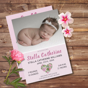 Anuncio Dulce Pink Floral Heart Baby Photo Nacimiento