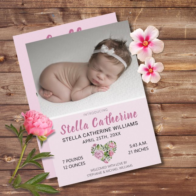 Anuncio Dulce Pink Floral Heart Baby Photo Nacimiento (Hello World Sweet Pink Floral Heart Birth Announcement Photo Card)