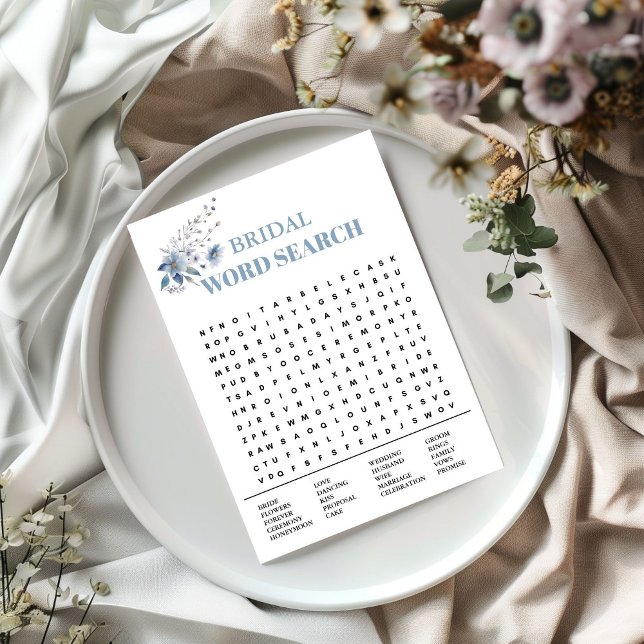 Anuncio Duste azul floral Boda Word Search Game Card (Subido por el creador)