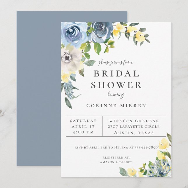 Anuncio Duste Blue Yellow Botanical Floral Bridal Shower (Anverso / Reverso)
