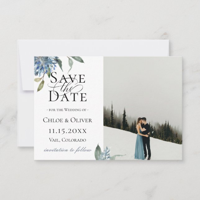 Anuncio Dusty Blue Botanical Photo Save The Date (Anverso)