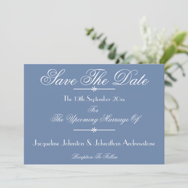 Anuncio Dusty Blue Elegant Script Names Moda Guardar La Fe (Anverso de pie)