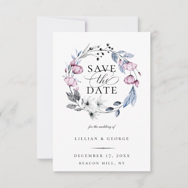 Anuncio Dusty Blue Mauve Botanical Save The Date (Anverso)