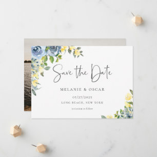 Anuncio Dusty Blue Yellow Floral Photo Save the Date