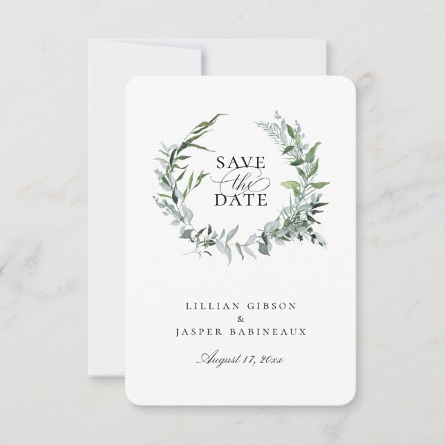 Anuncio Dusty Sage Botanical Wreath Save The Date (Anverso)