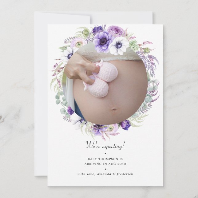 Anuncio Dusty Violet Pastel Foto Floral Embarazo (Anverso)