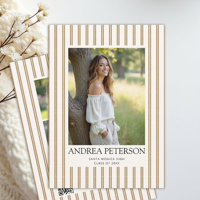 Anuncio Earthy Stripes Graduation Photo Collage QR Code (graduation announcement party invitation photo collage earthy organic natural stripes tan beige)