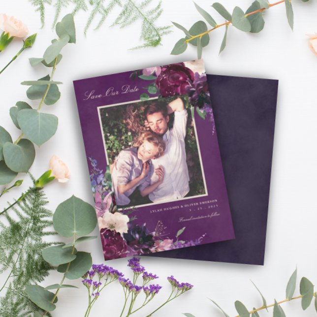 Anuncio Eggplant Purple Floral Photo Save Our Date (Subido por el creador)