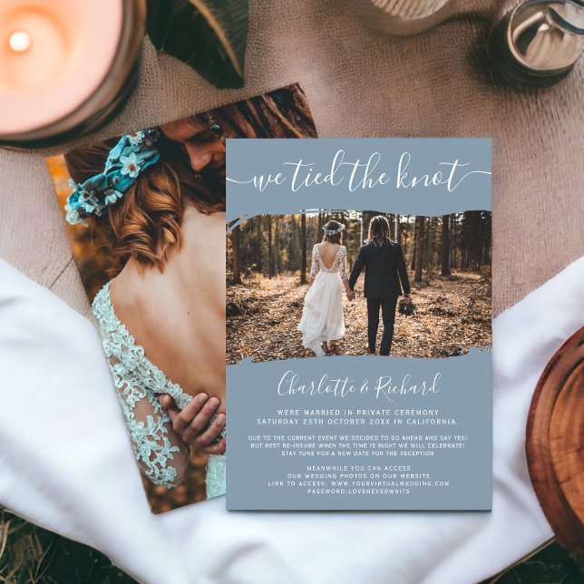 Anuncio El elopamiento del boda azul ató la foto del nudo (Blue wedding elopement tied the knot photo announcement)