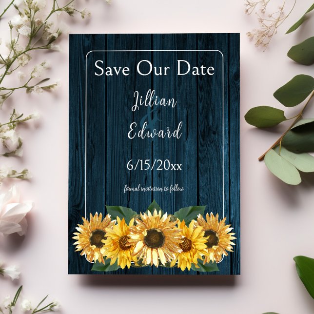 Anuncio El girasol azul ruso salva la fecha (Rustic Blue Sunflower Save the Date)