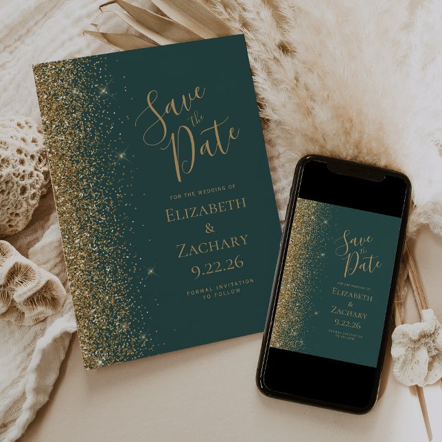 Anuncio El Purpurina dorado Edge Green Dark Save the Date (Subido por el creador)