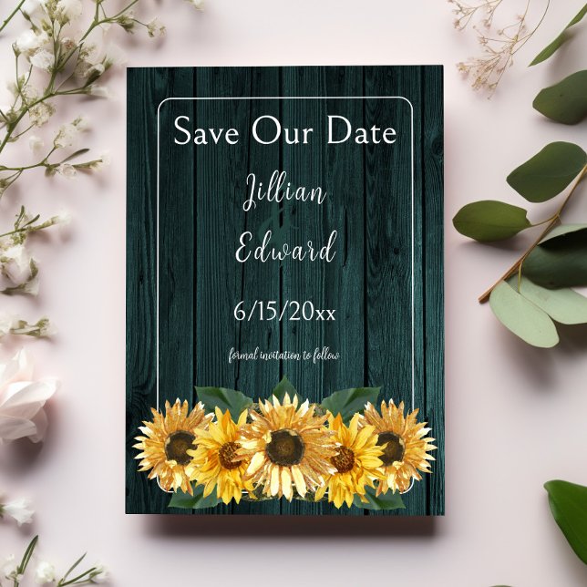 Anuncio El Verde azulado girasol ruso salva la fecha (Rustic Teal Sunflower Save the Date)