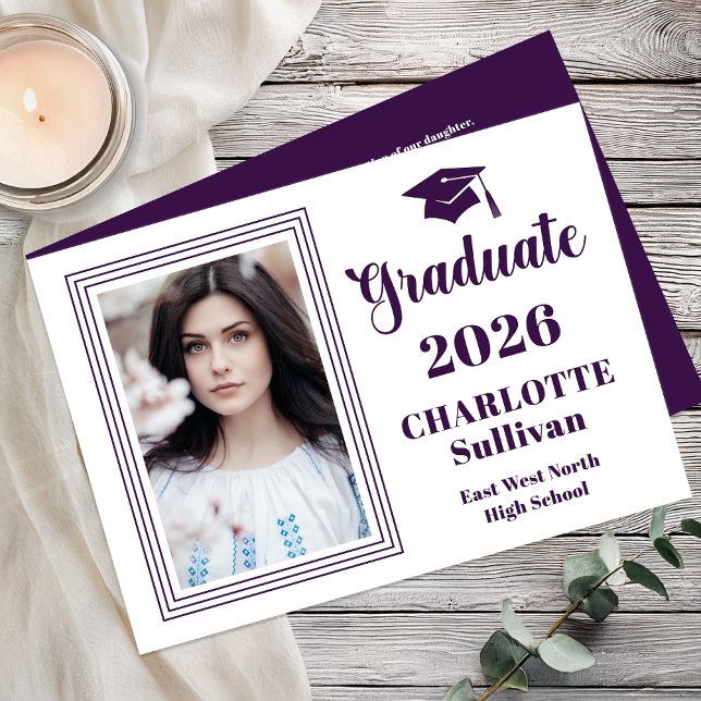 Anuncio Elegant 2026 Graduate Graduation Portrait Photo  (Elegant Modern Graduation Portrait Photo Announcement - Print | Digital - Purple | White Reverse)