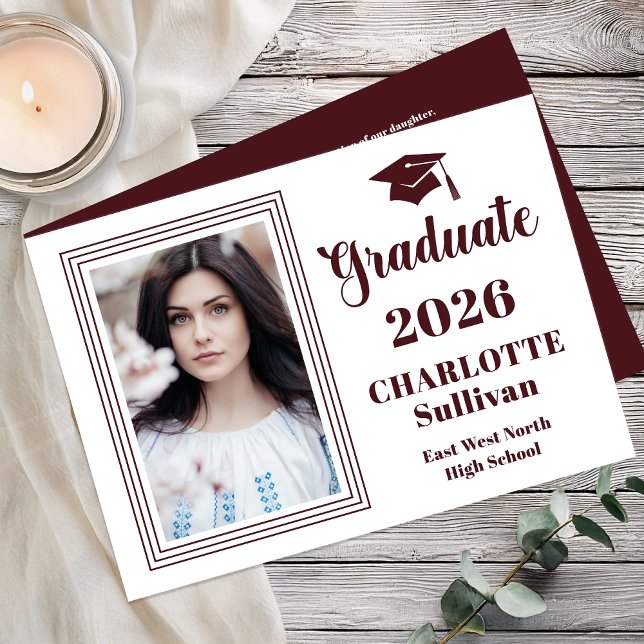 Anuncio Elegant 2026 Graduate Graduation Portrait Photo  (Elegant Modern Graduation Portrait Photo Announcement - Print | Digital - Wine White Reverse)
