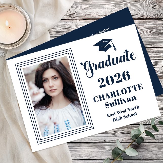 Anuncio Elegant 2026 Graduate Graduation Portrait Photo  (Elegant Modern Graduation Portrait Photo Announcement - Print | Digital - Blue | White Reverse)