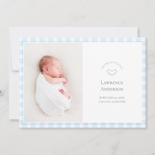 Anuncio Elegant Baby Blue Gingham 2 Photo Baby Boy Birth (Anverso)