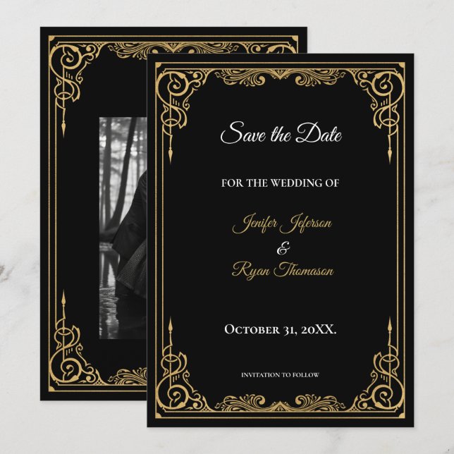 Anuncio Elegant black and gold wedding save the date (Anverso / Reverso)