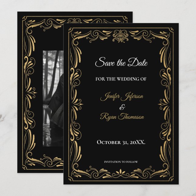 Anuncio Elegant black and gold wedding save the date (Anverso / Reverso)