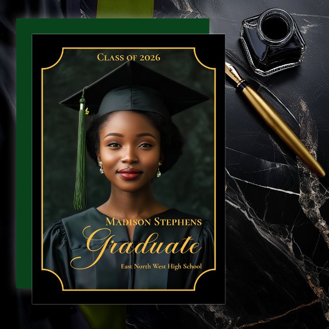 Anuncio Elegant Class of 2026 Portrait Graduation (Luxury Black & Gold Portrait Graduation Announcement with Ornate Frame and Script Typography -Green)