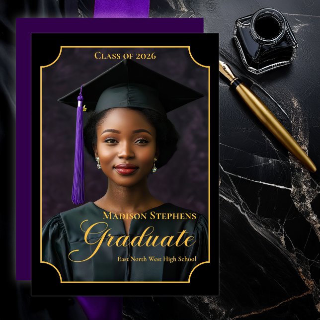 Anuncio Elegant Class of 2026 Portrait Graduation (Luxury Black & Gold Portrait Graduation Announcement with Ornate Frame and Script Typography -Purple)