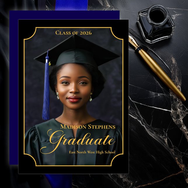 Anuncio Elegant Class of 2026 Portrait Graduation (Luxury Black & Gold Portrait Graduation Announcement with Ornate Frame and Script Typography - Blue)