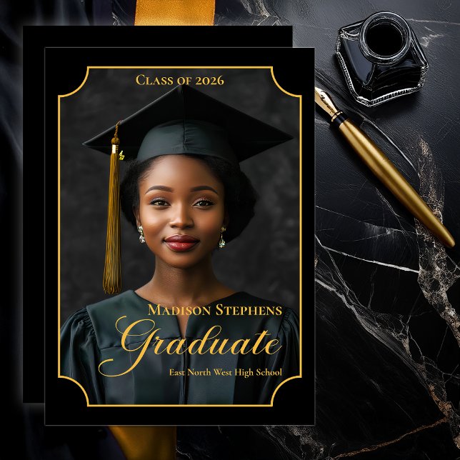 Anuncio Elegant Class of 2026 Portrait Graduation (Luxury Black & Gold Portrait Graduation Announcement with Ornate Frame and Script Typography - Black)