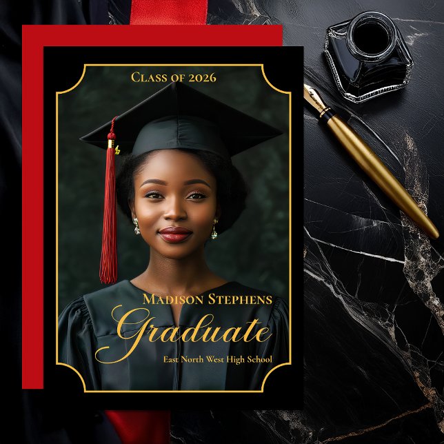 Anuncio Elegant Class of 2026 Portrait Graduation (Luxury Black & Gold Portrait Graduation Announcement with Ornate Frame and Script Typography - Red)
