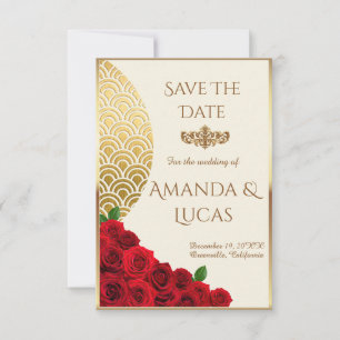 Anuncio Elegant Cream and Gold Save the Date with Red Rose