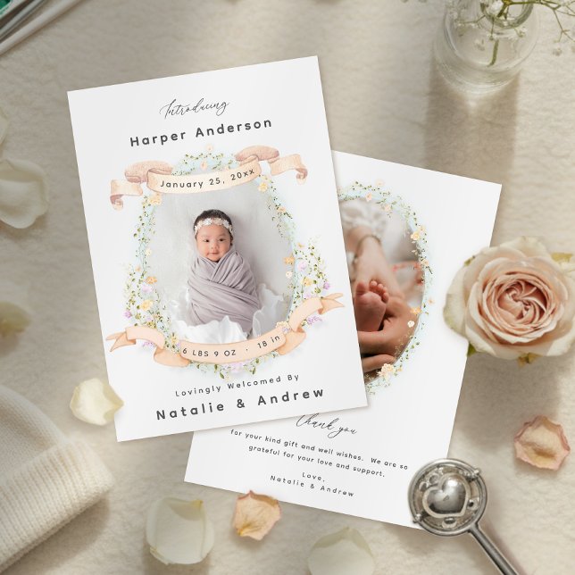 Anuncio Elegant Floral Gender Neutral Newborn Baby Birth (Elegant Floral Gender Neutral Newborn Baby Birth Announcement)
