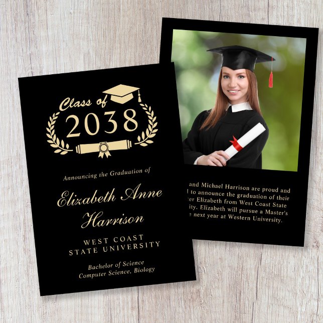 Anuncio Elegant Gold Script Black Photo College Graduation (Elegant Gold Script Black Photo College Graduation Announcement)