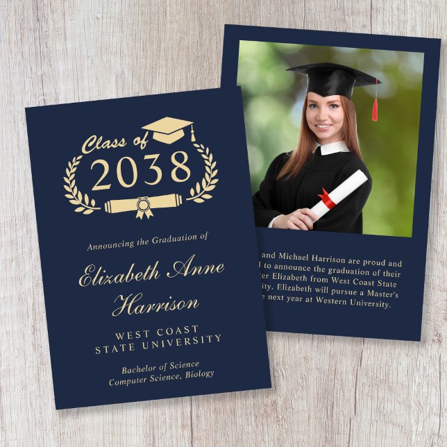 Anuncio Elegant Gold Script Blue Photo College Graduation (Elegant Gold Script Blue Photo College Graduation Announcement)