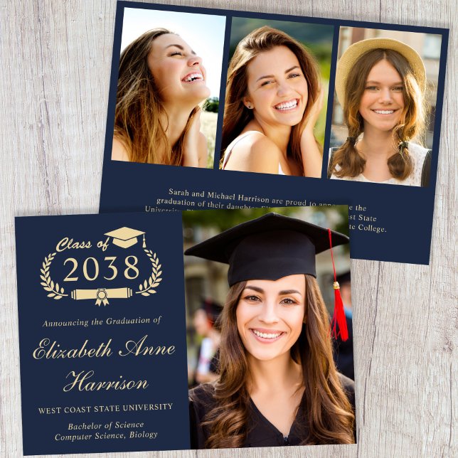 Anuncio Elegant Gold Script Photo Blue College Graduation (Elegant Gold Script Photo Blue College Graduation Announcement)