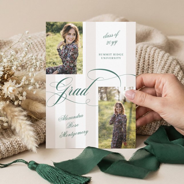 Anuncio Elegant Grad Script French Stripe Photo Graduation (Elegant Grad Script French Stripe Photo Graduation Announcement)