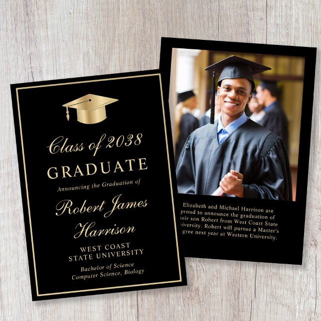Anuncio Elegant Photo Gold Grad Cap Black Graduation (Elegant Photo Gold Grad Cap Black Graduation Announcement)