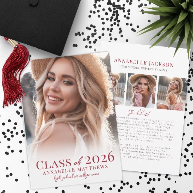 Anuncio Elegant Red Graduate Photo Graduation (Elegant Red Graduate Photo Collage Graduation Announcement)