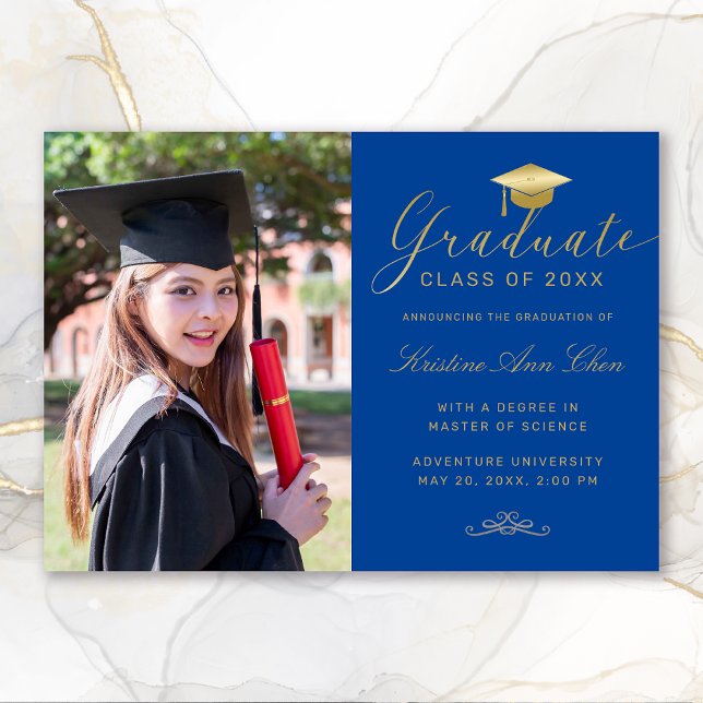 Anuncio Elegant Royal Blue Gold Script Photo Graduation (Elegant Royal Blue Gold Calligraphy Photo Graduation Announcement)