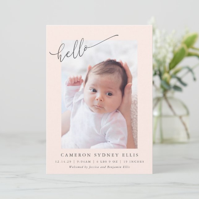 Anuncio Elegant Simple Minimalist Hello Blush Photo Birth (Anverso de pie)