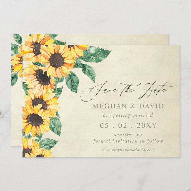 Anuncio Elegant Sunflowers Garden Floral Save the Date (Anverso / Reverso)