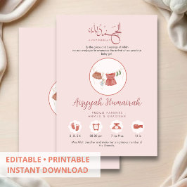 Anuncio Elegant Watercolor Islamic Baby Girl Announcement